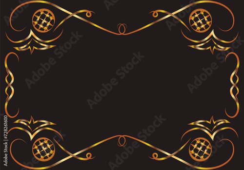 Illustration with ovals and curls. Symmetrical ornament, applique, background with space for inscription. Fantasy. Gold gradient on a black background for printing on fabric, applique and cards.