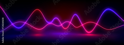 Abstract neon wave lines on black background. Vector realistic illustration of pink and blue light curves glowing on dark stage with reflection on glossy floor, led illumination, disco club decoration