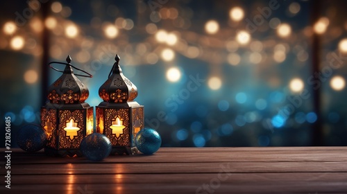 Create a hyper-realistic scene of a Ramadan Kareem banner background adorned with illuminated lanterns and delicate Arabic calligraphy