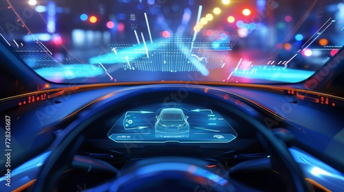 Detail of a cars headup display projecting crucial information onto the windshield making it easy for the driver to stay informed. © Justlight