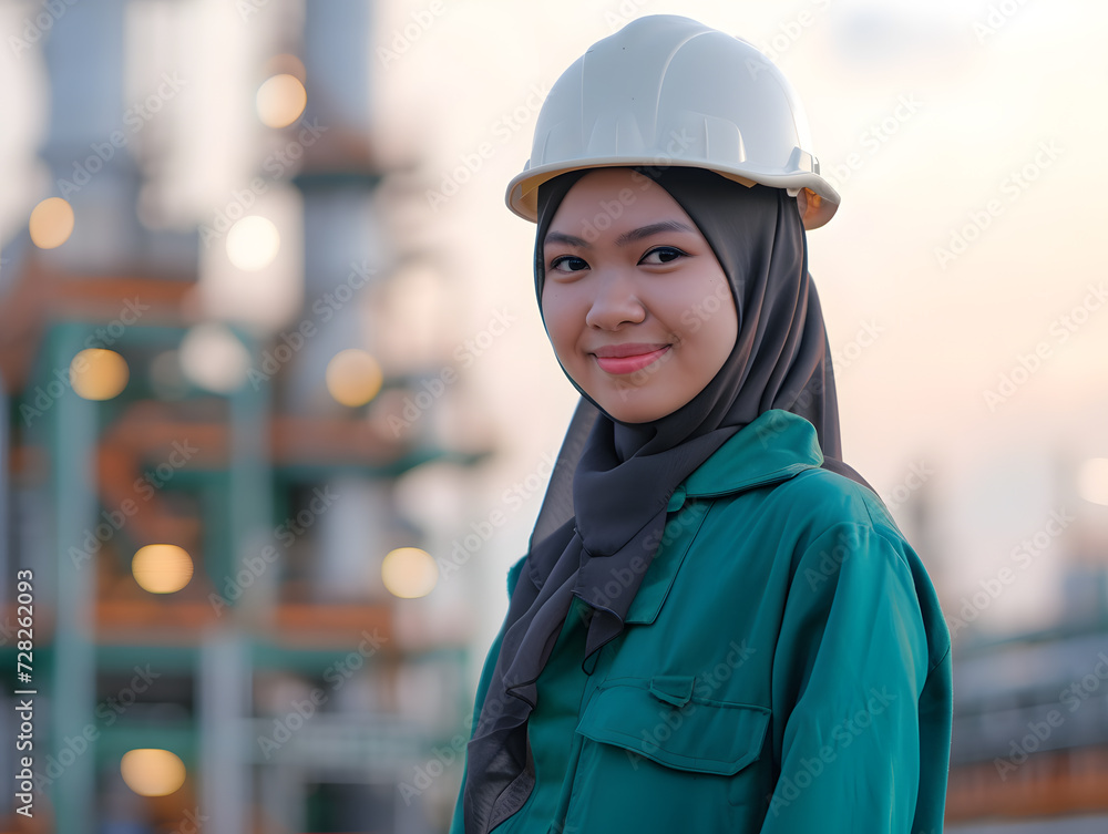 A young Indonesian female petroleum engineer in her mid 30s wearing hijab on site A young Indonesian female petroleum engineer in her mid 30s wearing hijab on site