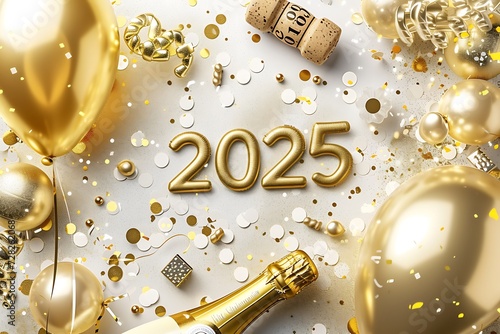 2025 New Year Celebration Image with Golden Balloons, Champagne, and Sparkling Confetti - Perfect for Invitations, Greetings, or Advertisements