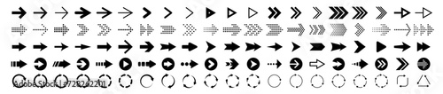 Arrows black icons. Arrow and pointer silhouette direction symbols. Cursor simple outline signs. Dotted, halftone and circle arrows big vector isolated collection