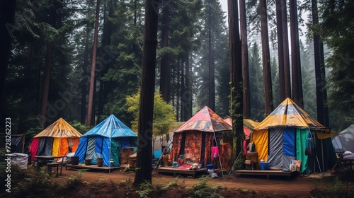 Utilizing vibrant hues reminiscent of Van Gogh's palette, depict colorful tents standing tall amidst the lush greenery of a fir forest, evoking the spirit of outdoor camping
