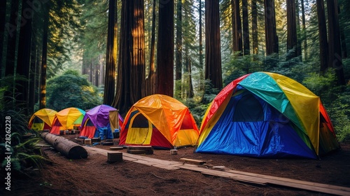 Utilizing vibrant hues reminiscent of Van Gogh's palette, depict colorful tents standing tall amidst the lush greenery of a fir forest, evoking the spirit of outdoor camping