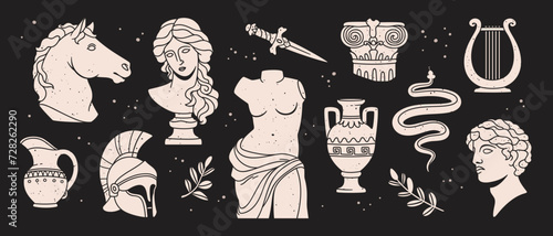 Antique sculptures. Vector set. Roman female and male statues, vases, musical instruments and architectural elements