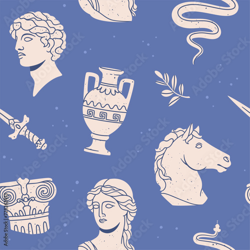 Seamless pattern ancient sculptures. Background with museum antique sculptures and objects. Greek mythological character, trendy statues and elements. Vector wallpaper