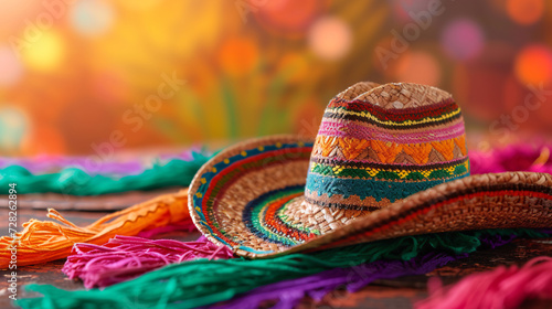 Colorful Traditional Mexican Sombrero Hat on Vibrant Textiles with a Festive Bokeh Background - Perfect for Cultural Celebrations, Travel Blogs, and Artistic Displays