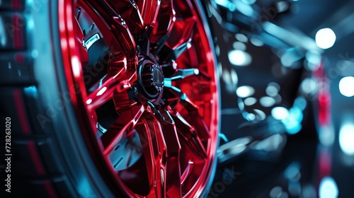 The camera focuses on the red coloring of the brake caliper adding a pop of color to the otherwise metallic design. Its glossy finish catches the light in the closeup shot. photo