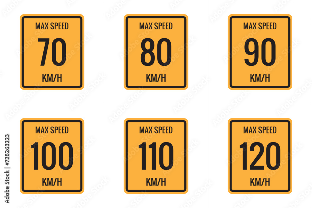 Maximum Speed limit sign 70 kmh, 80, 90, 100, 110, 120 Kmh, sign icon on white background vector illustration. Maximum Speed limit sign 70 kmh, 80, 90, 100, 110, 120 Kmh, sign icon on white background vector illustration.