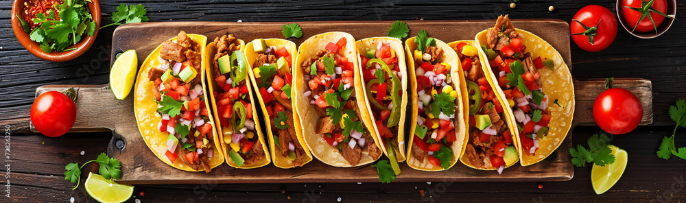 Delicious Gourmet Tacos with Fresh Ingredients on Wooden Board - High-Quality, Vibrant and Detailed Food Photography Delicious Gourmet Tacos with Fresh Ingredients on Wooden Board - High-Quality, Vibrant and Detailed Food Photography