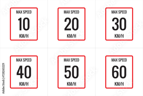 Maximum Speed limit sign 10 kmh,  20, 30, 40, 50, 60 Kmh, sign icon on white background vector illustration. photo