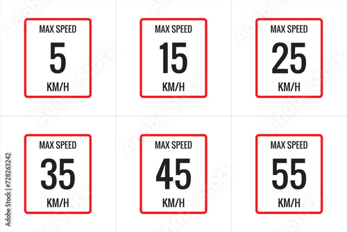 Maximum Speed limit sign  5 kmh, 15, 25, 35, 45, 55 Kmh, sign icon on white background vector illustration.