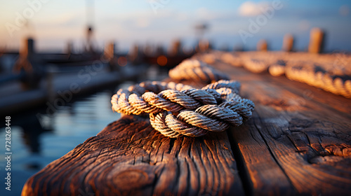 Nautical Knots: Coiled Ropes on Wooden Boat Deck Maritime Detail: Boat Deck with Coiled Marine Ropes Seafaring Scene: Close-up of Coiled Ropes on a Wooden Deck
