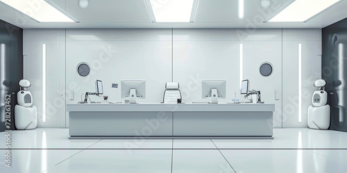 Futuristic robot working office environment work space, robots working, artificial intelligence, generated ai