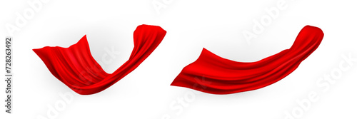 Red superhero cape set isolated on white background. Vector realistic illustration of silk cloth drapery flying in wind, halloween costume mantle, textile curtain for home interior design, satin scarf photo