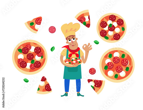 Cute cartoon flat chef pizzaiolo preparing pizza. Food and restaurant. Isolated objects on white background. Vector illustration.