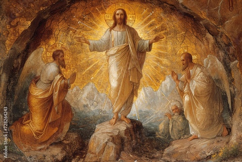Jesus's Golden Glow A Religious Artwork for the Month of Easter Generative AI photo