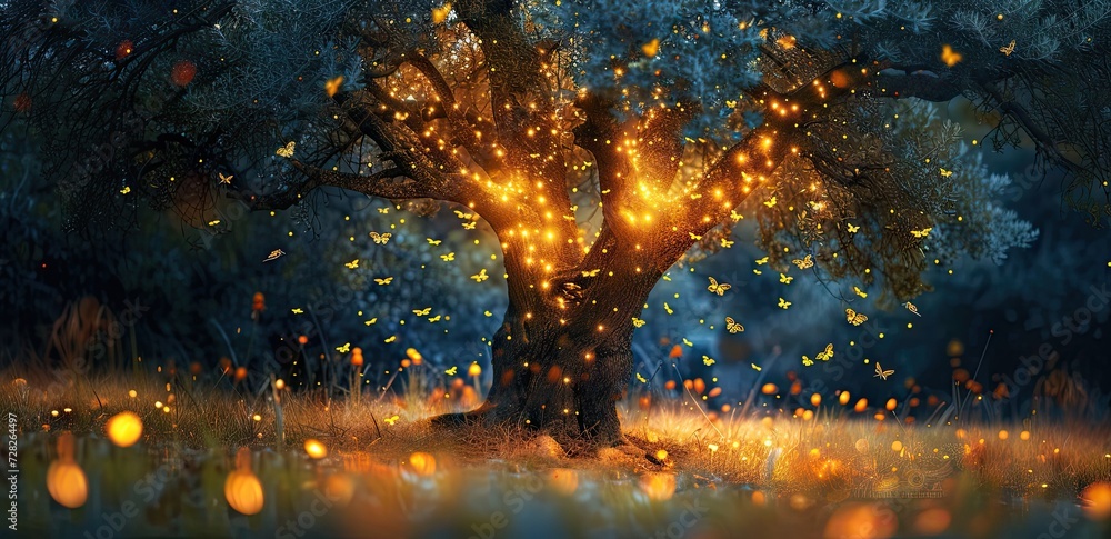 Enchanting forest landscape at dusk trees are illuminated by shimmering lights creating magical and mystical atmosphere scene straight out of fairytale with foliage bathed in dreamy glow Enchanting forest landscape at dusk trees are illuminated by shimmering lights creating magical and mystical atmosphere scene straight out of fairytale with foliage bathed in dreamy glow