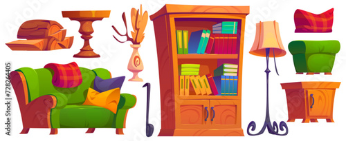 Cozy village cabin interior furniture and decorative elements set. Cartoon vector winter chalet living room inside wooden cabinet with books on shelves, green sofa and poof, floor lamp and nightstand.