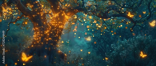Enchanting forest landscape at dusk trees are illuminated by shimmering lights creating magical and mystical atmosphere scene straight out of fairytale with foliage bathed in dreamy glow photo