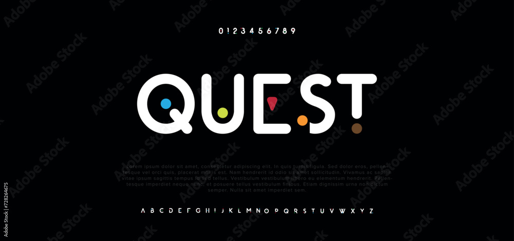Quest modern alphabet. Dropped stunning font, type for futuristic logo, headline, creative lettering and maxi typography. Minimal style letters with yellow spot. Vector typographic design