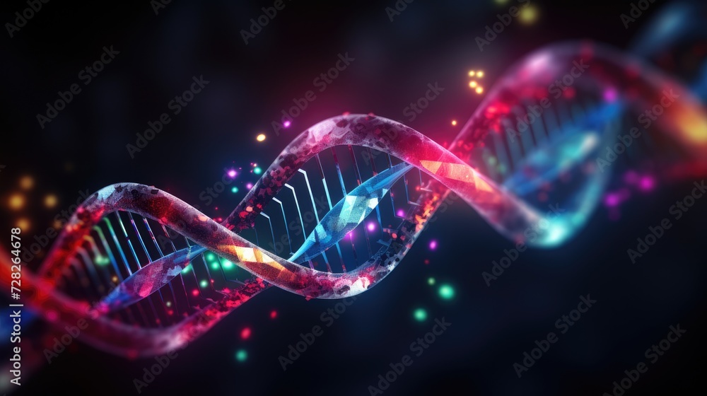 Pink-blue double strand of dna strands on a black background with neon glow.The concept of science and technology. Technology and research. Pink-blue double strand of dna strands on a black background with neon glow.The concept of science and technology. Technology and research.