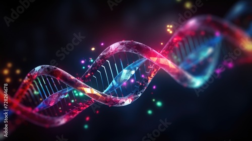 Pink-blue double strand of dna strands on a black background with neon glow.The concept of science and technology. Technology and research. © Cherkasova Alie