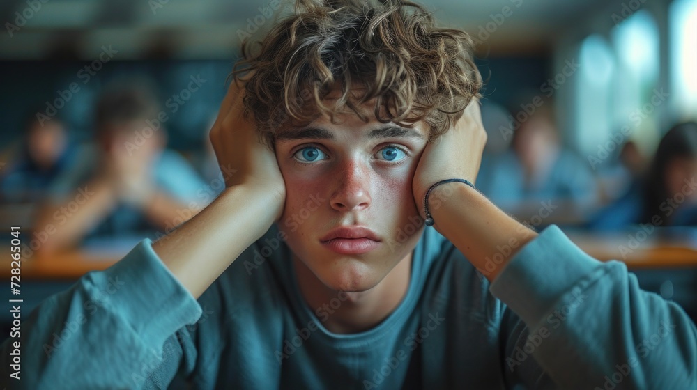 Bored Teenage Student Sitting in Classroom During Lecture Time Bored Teenage Student Sitting in Classroom During Lecture Time