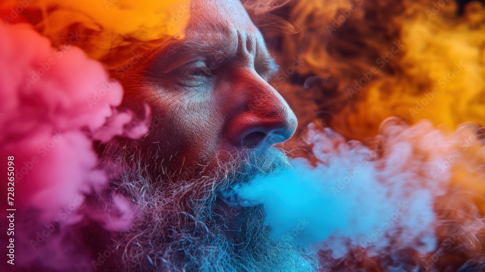Close-Up of Bearded Man Exhaling Vapor in a Neon-Lit Setting at Night