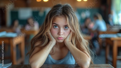 Frustrated Female Student Sitting in a Classroom During a Challenging Exam