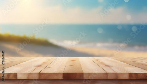 木のテーブル越しに見えるの夏の海のイメージ素材。An image of the summer sea seen through a wooden table.