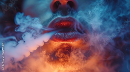 Close-Up of Bearded Man Exhaling Vapor in a Neon-Lit Setting at Night