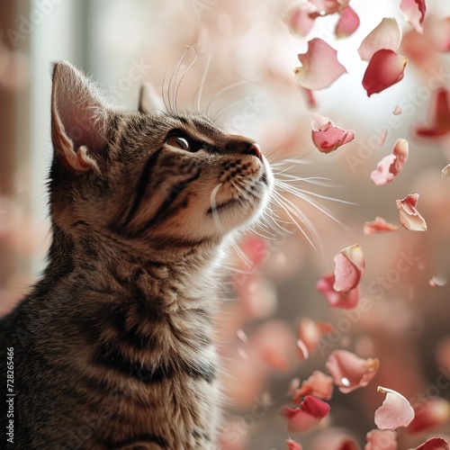 Cute cat looks at falling petals, spring time photo