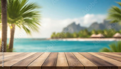 An image of the summer sea seen through a wooden table.