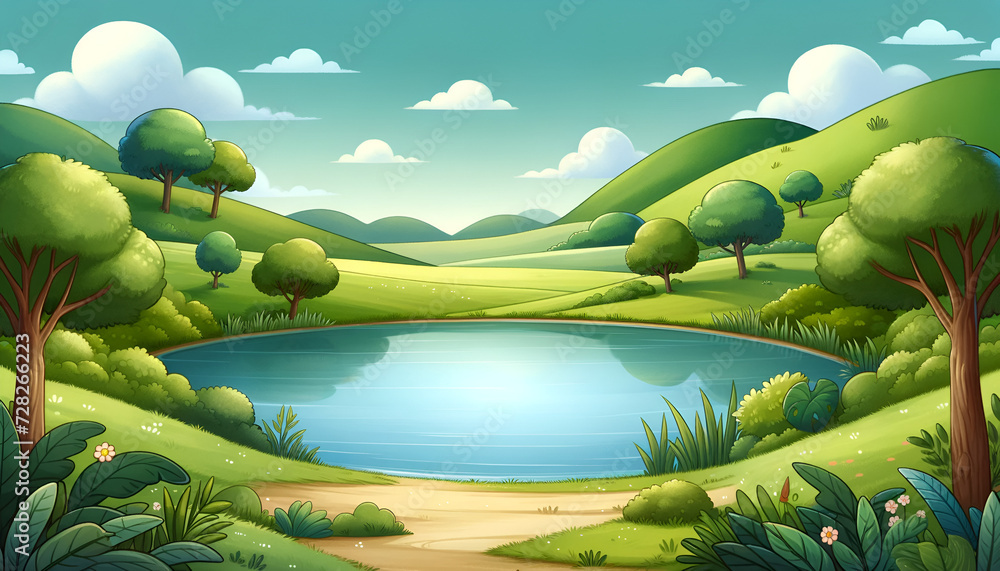 Cartoon illustration of a mystical forest pond.
Generative AI.