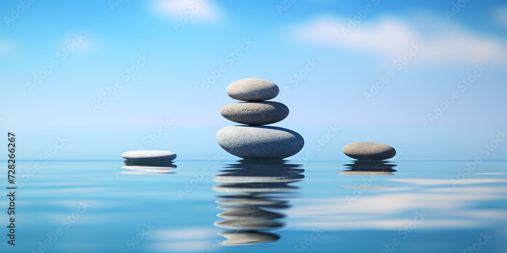 stack of pebbles in front of a tranquil sea ,Background for meditation on the beach. Zen-stones in the water. Generative AI 

