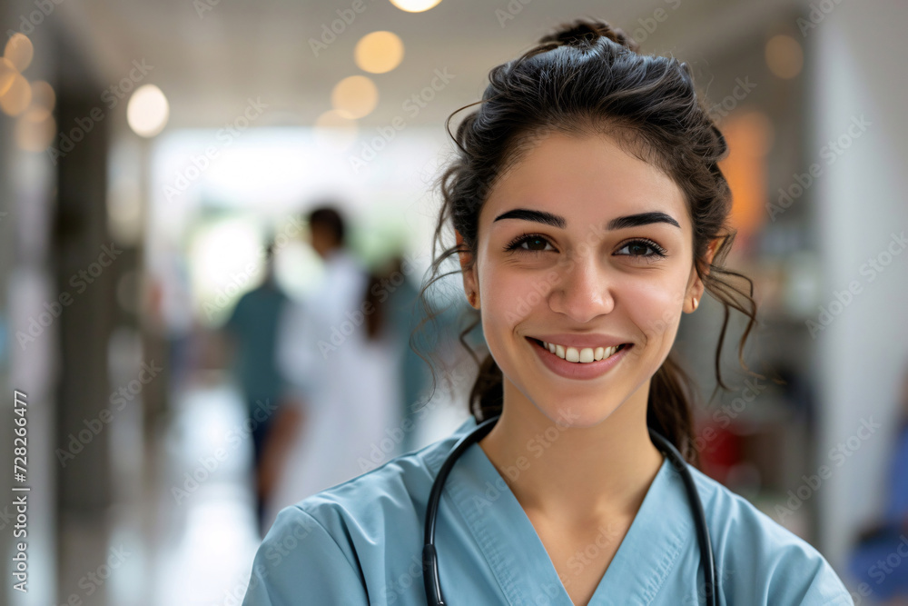 Fototapeta premium Portrait of a young doctor standing in a hospital and smiling into the camera