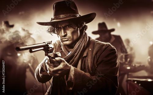 Closeup of desperado outlaw cowboy with raised pistol and gunsmoke