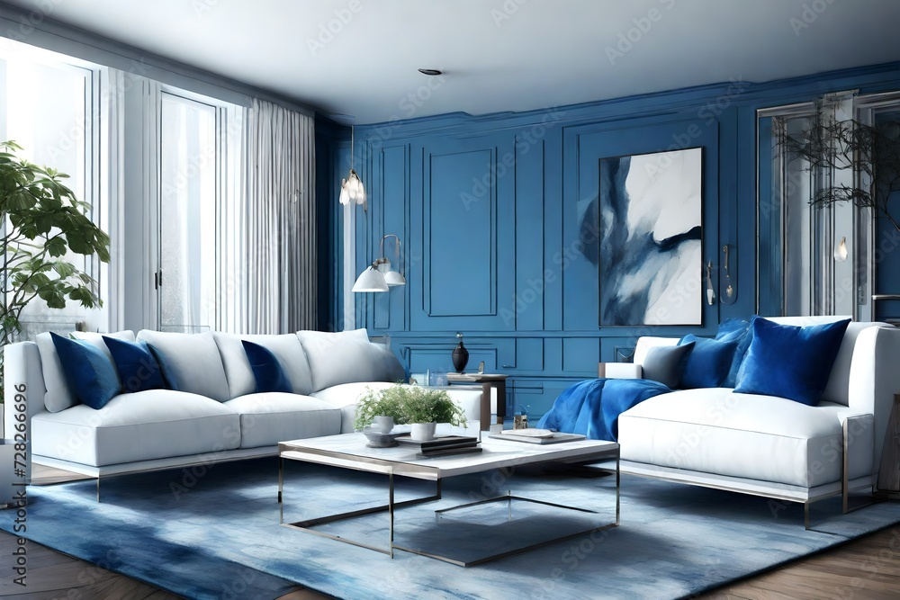 Blue modern living room with two white velvet sofa - rendering Blue modern living room with two white velvet sofa - rendering