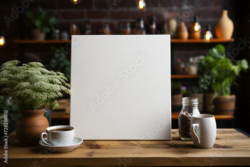 A photo of a commercial advertisement concept for a cafe displaying a blank white billboard on the cafe table. photo
