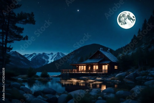 A lake cabin or house in the mountains under a full moon night
