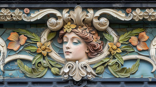 Art nouveau relief of a woman with flowers.
