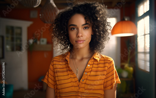 Multiracial Woman With Curly Hair Standing in a Room