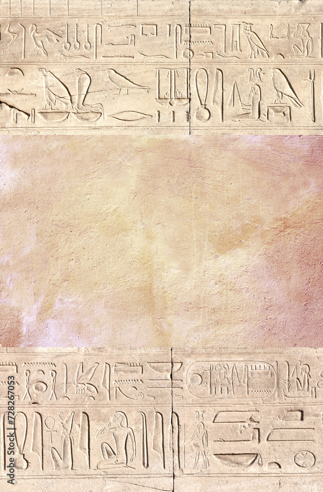 Obraz premium Vertical background with ancient Egyptian hieroglyphs on stone wall, Egypt, Africa. Backdrop with sandstone carving with hieroglyph. Mock up template. Copy space for text