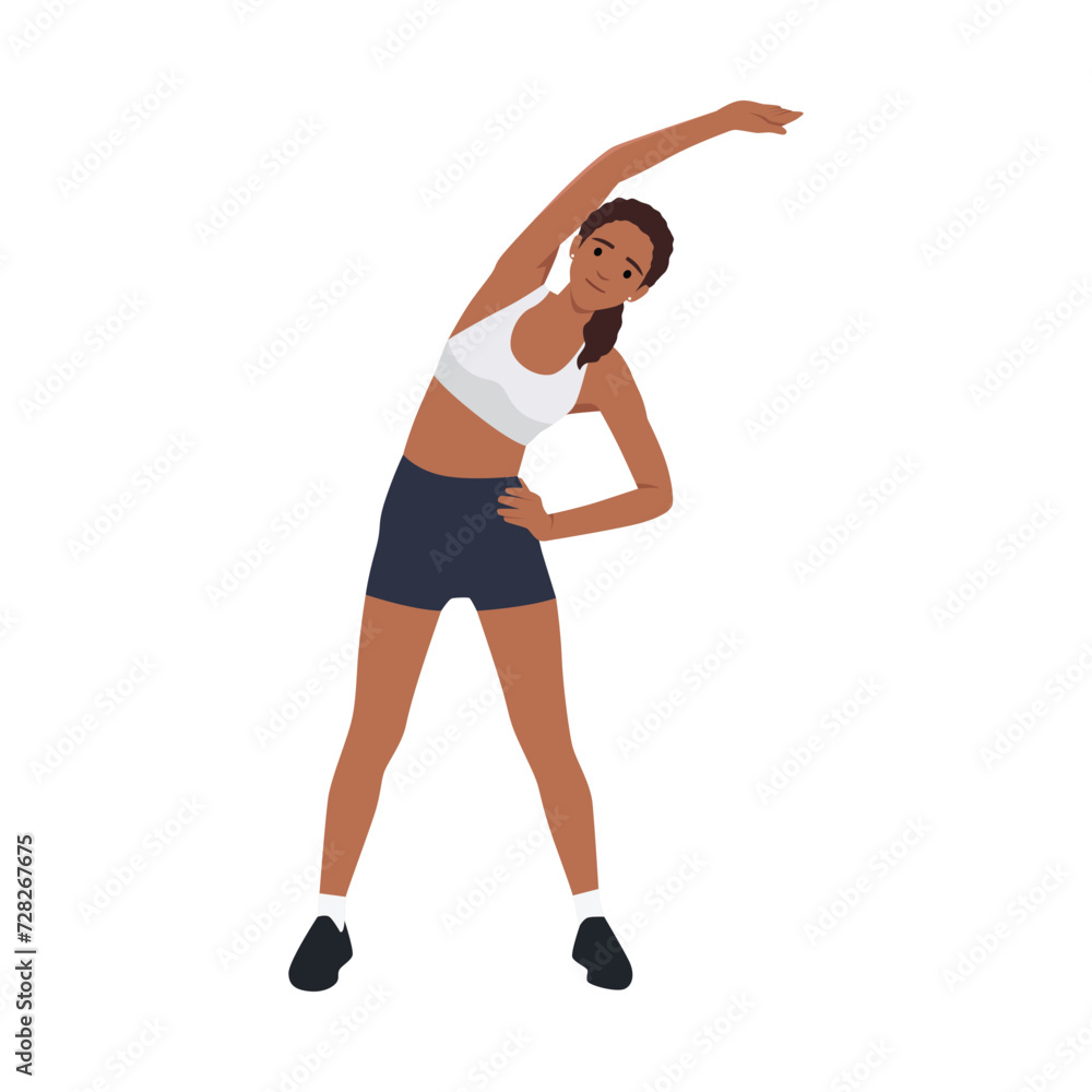 Woman doing Arm stretching exercise. Flat vector illustration isolated on white background
