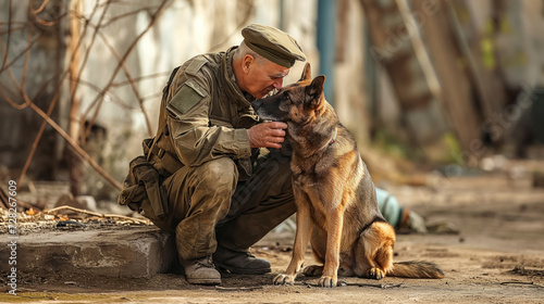 Elderly soldier bonding with his loyal German Shepherd.