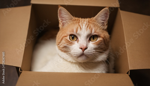 Cat resting in cardboard box in a home environment during the day for comfort and security. The cat is attracted to confined spaces and finds shelter and safety in the box