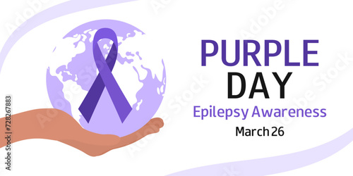 Purple Day. World Epilepsy Day. March 26. Epilepsy awareness month. Purple ribbon,  silhouette of world map,  human hand. Vector template for banner, card, poster, flyer, presentation. 