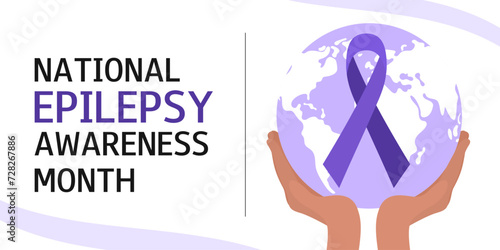 National epilepsy awareness month. World Epilepsy Day. Purple ribbon and silhouette of planet in human hands. Vector template for banner, card, poster, flyer, presentation. 
